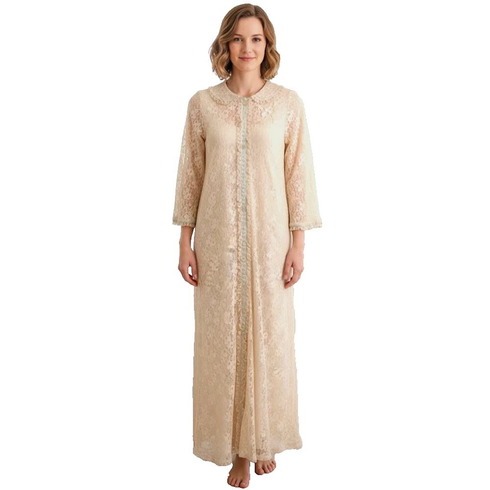 Vintage 1960s Miss Elaine Peach Pink Lace Long Robe Gown 3/4 Sleeves Lined M